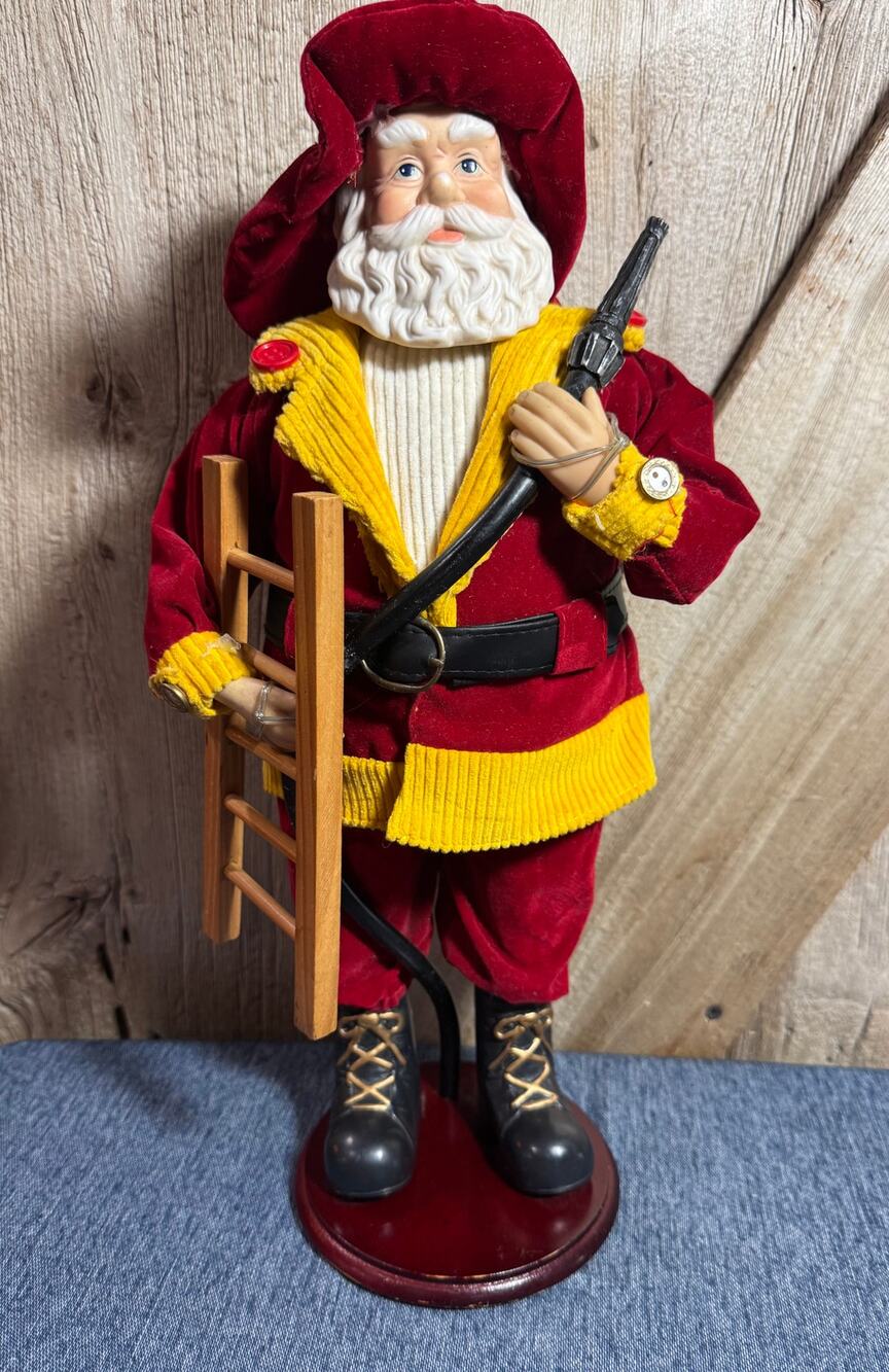 Firefighter Santa Claus Figurine 13.5” Holding Hose Ladder Christmas Decor